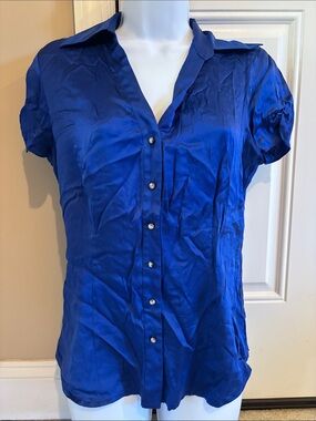 Vintage Classic Silk Women's Rhinestone Button-Front Shirt - Royal Blue